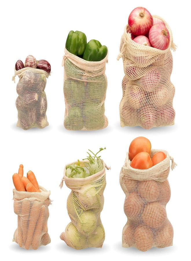 Dcluttr Cotton Mesh Vegetable Bag For Fridge - Set of 6 Eco-Friendly Drawstring Fridge Storage Bags, Vegetable Storage Bags for Refrigerator, Reusable fridge bags for vegetables (S-2pc,M-2pc,L-2pc) - Image 1